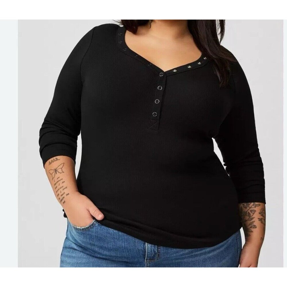 Torrid Blue Supersoft‎ Ribbed V Neck Long Sleeve Top Sz 6 With Snaps